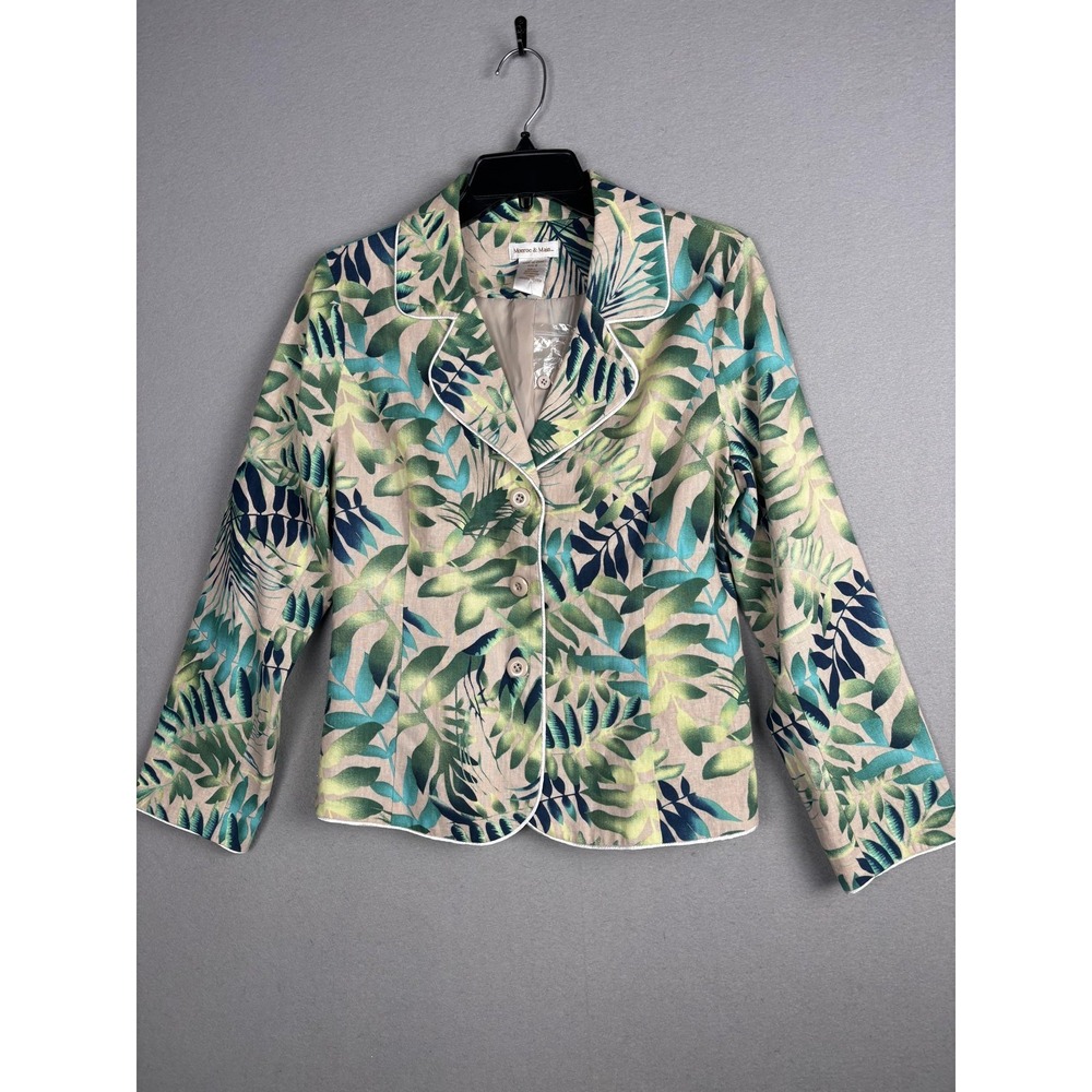 Monroe & Main Blazer Jacket Womens 6 Green Blue Tropical Leaf Linen Blend Lined